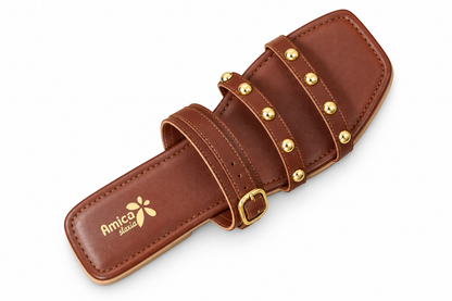 Women’s Brown Flat Sandals with Golden Studs & Buckle Strap