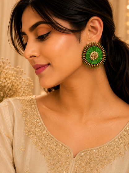 Green Sunburst Handcrafted Beaded Statement Earrings