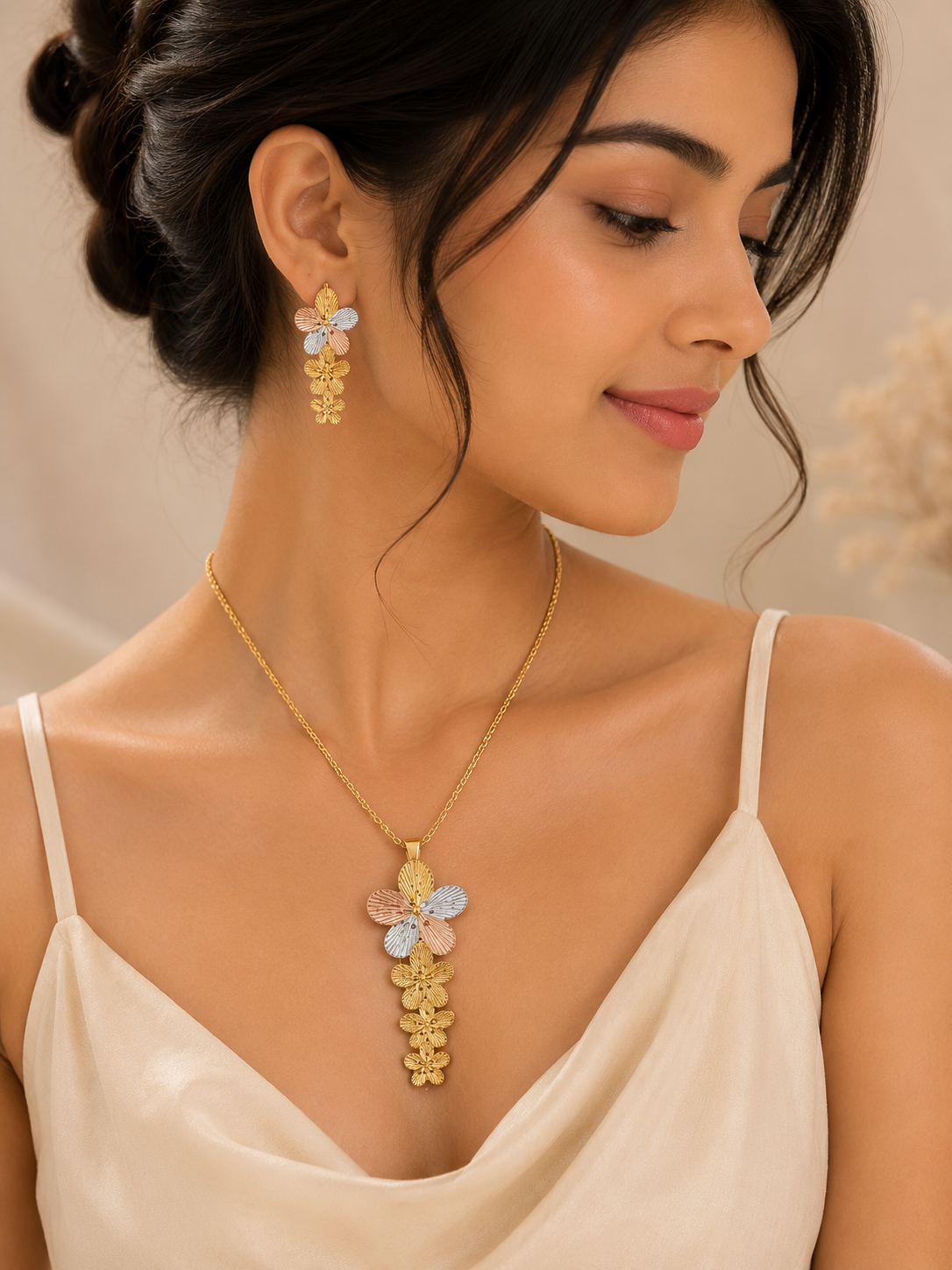 Women's Premium Tri-Tone Floral Pendant Necklace & Drop Earrings Set