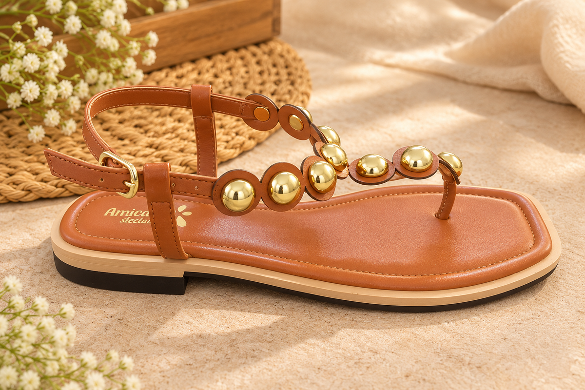 Women's Tan Flat Sandals with Golden Stud Embellishments