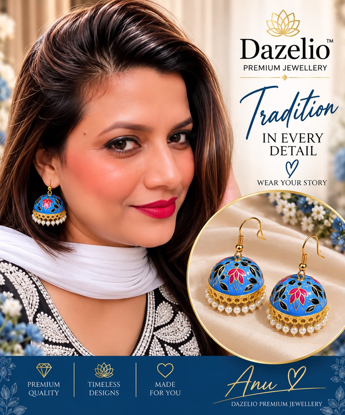 Amica Slexia Blue Meenakari Jhumka Earrings with Pearl Drops