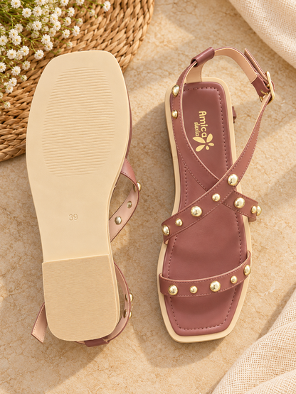 Women's Mauve Flat Sandals with Golden Studs