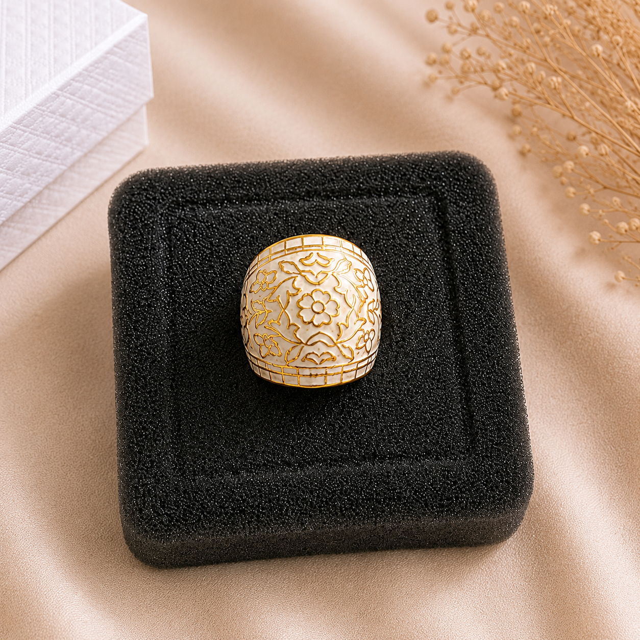 Elegant White & Gold Floral Statement Ring for Women