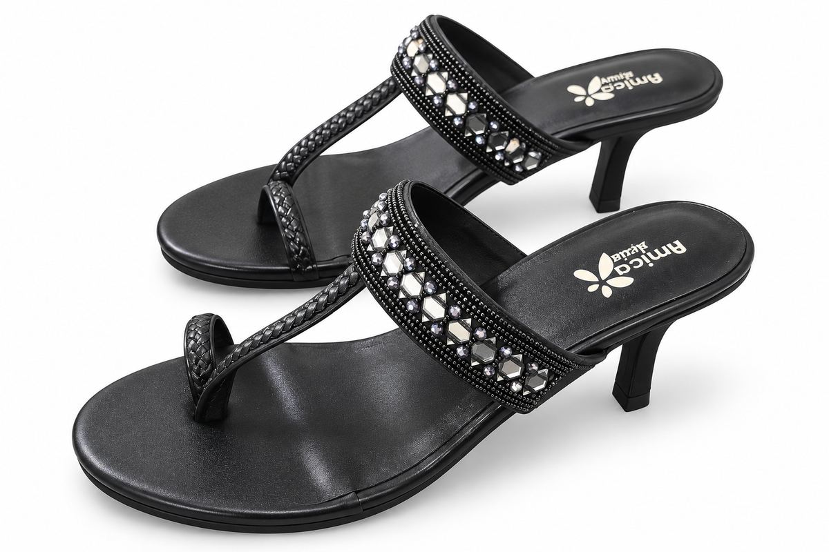 Women’s Black Heeled Sandals with Rhinestone Detailing
