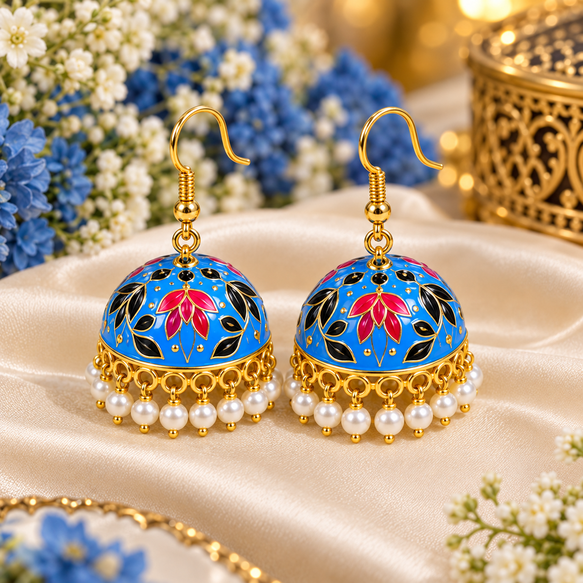 Amica Slexia Blue Meenakari Jhumka Earrings with Pearl Drops
