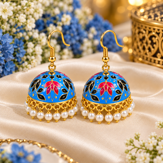 Amica Slexia Blue Meenakari Jhumka Earrings with Pearl Drops