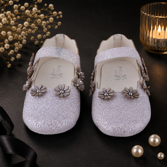 AmicaSlexia Girls White Glitter Floral Ballerina Flats