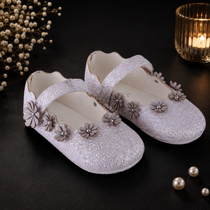 AmicaSlexia Girls White Glitter Floral Ballerina Flats