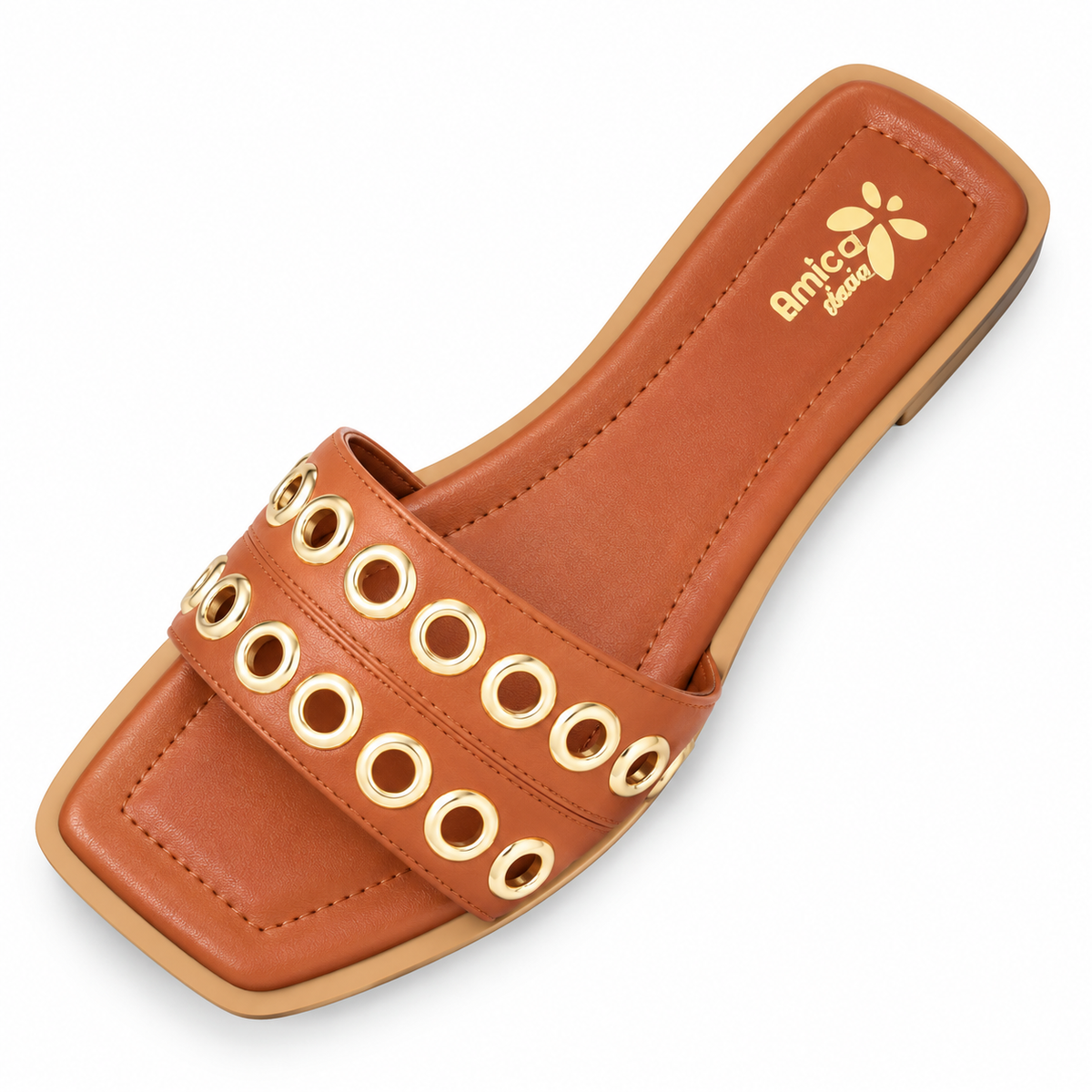 Women’s Brown Flat Sandals with Golden Eyelet Detailing