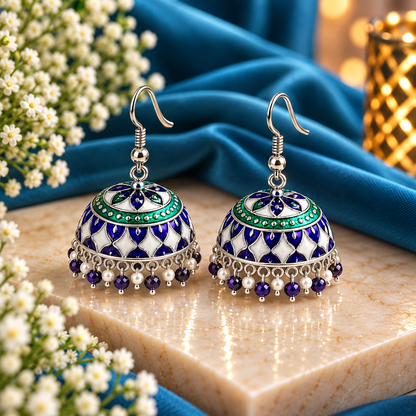 Blue & White Enamel Jhumka Earrings with Pearl & Beaded Drops