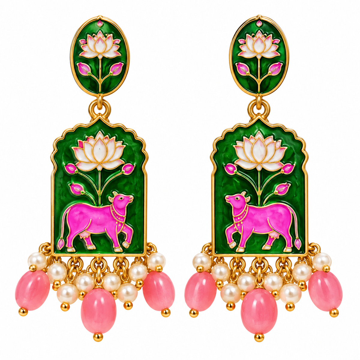 Green & Pink Elephant Floral Statement Earrings for Women