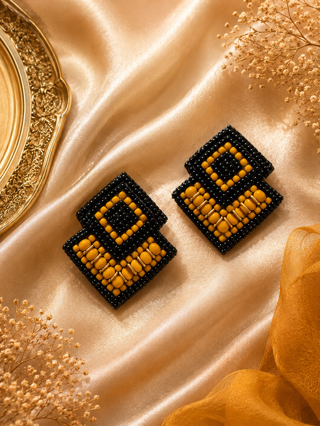 Amica Slexia Geometric Black & Mustard Beaded Statement Earrings