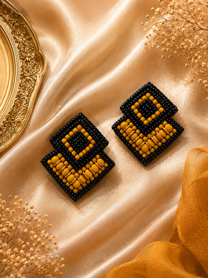 Amica Slexia Geometric Black & Mustard Beaded Statement Earrings