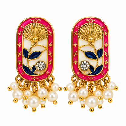 Amica Slexia Pink & Blue Floral Pearl Drop Earrings for Women