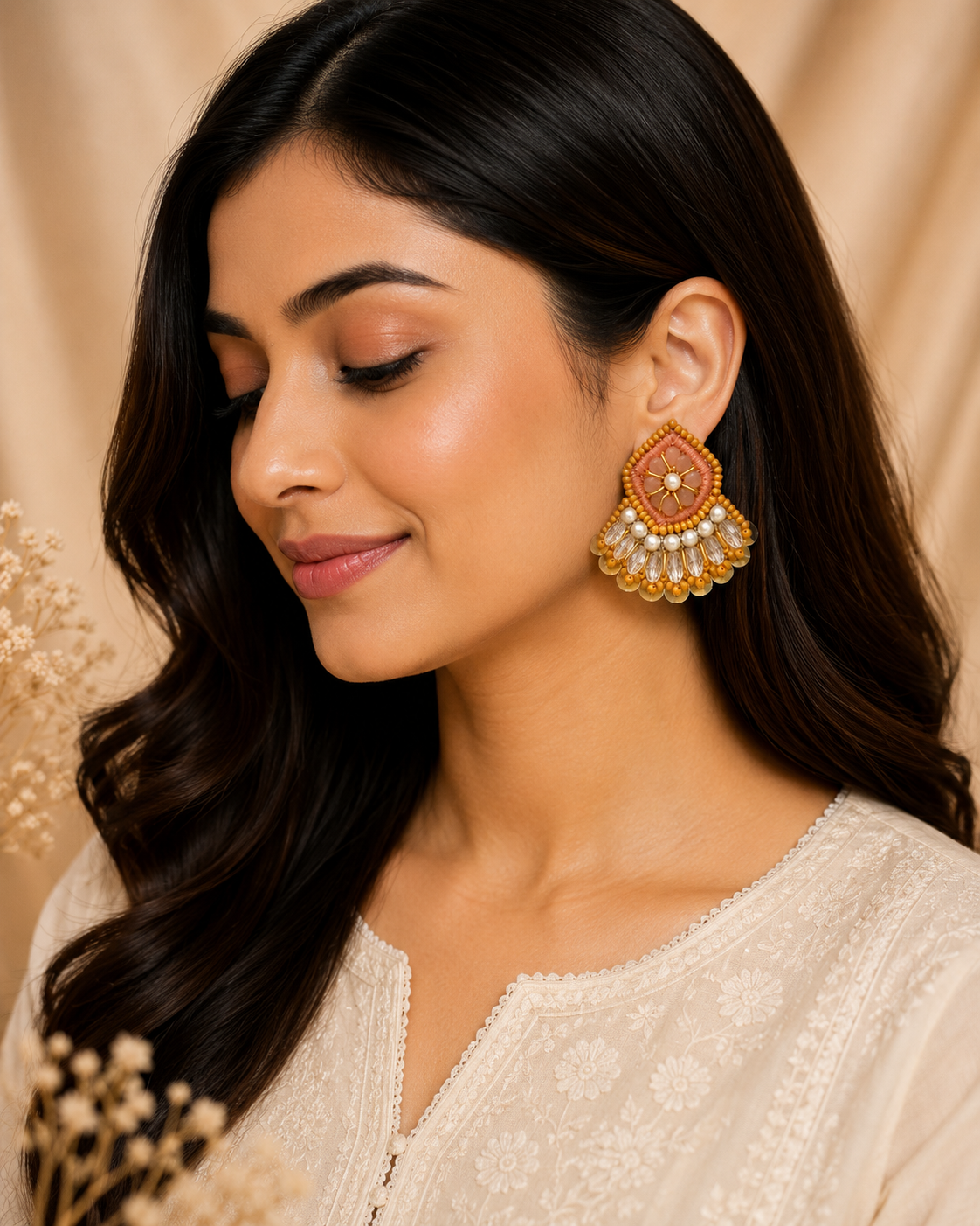 Amica Slexia Peach Blossom Pearl Statement Earrings