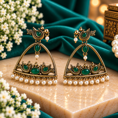 Emerald Green Bird Design Pearl Drop Statement Earrings for Women