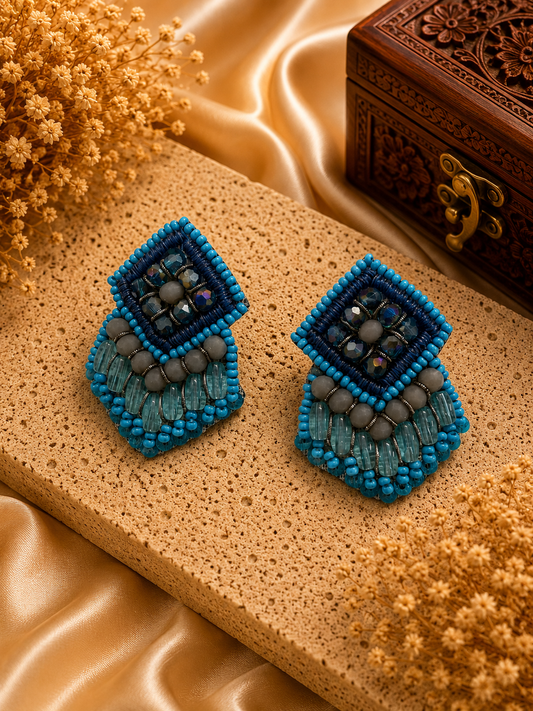 Handmade Blue Crystal Beaded Statement Earrings