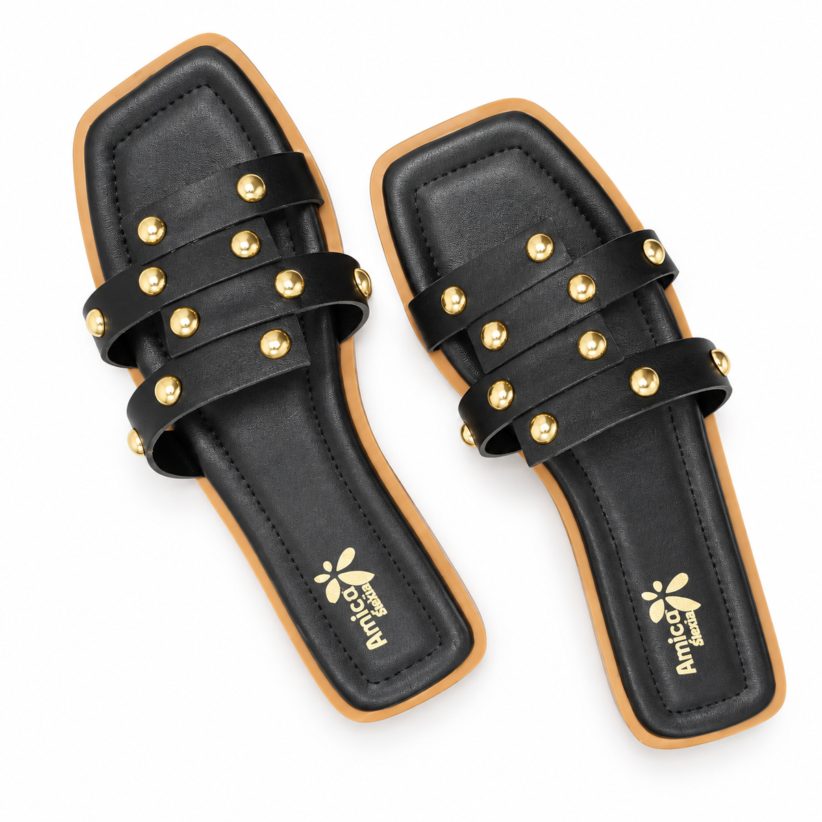 Women’s Black Flat Sandals with Golden Studs