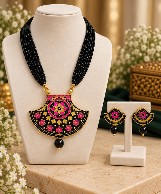 Black Meenakari Statement Necklace & Earrings Set for Women