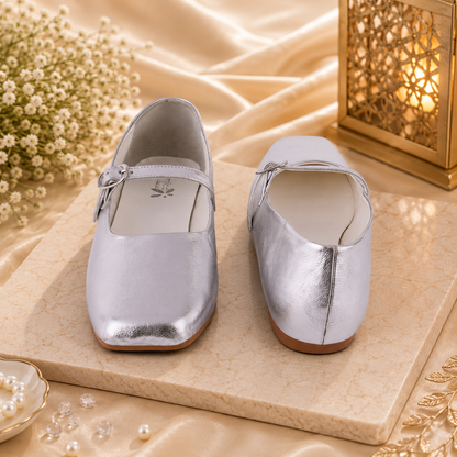 Women’s Silver Metallic Strap Ballerinas Flats
