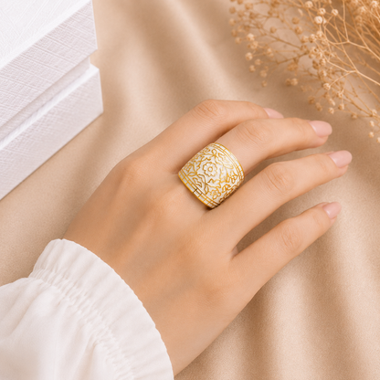 Elegant White & Gold Floral Statement Ring for Women