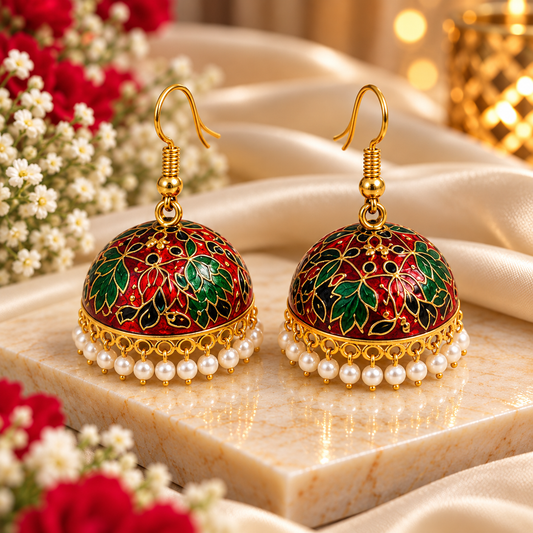 Amica Slexia Red & Green Meenakari Jhumka Earrings with Pearl Drops