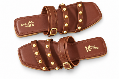 Women’s Brown Flat Sandals with Golden Studs & Buckle Strap