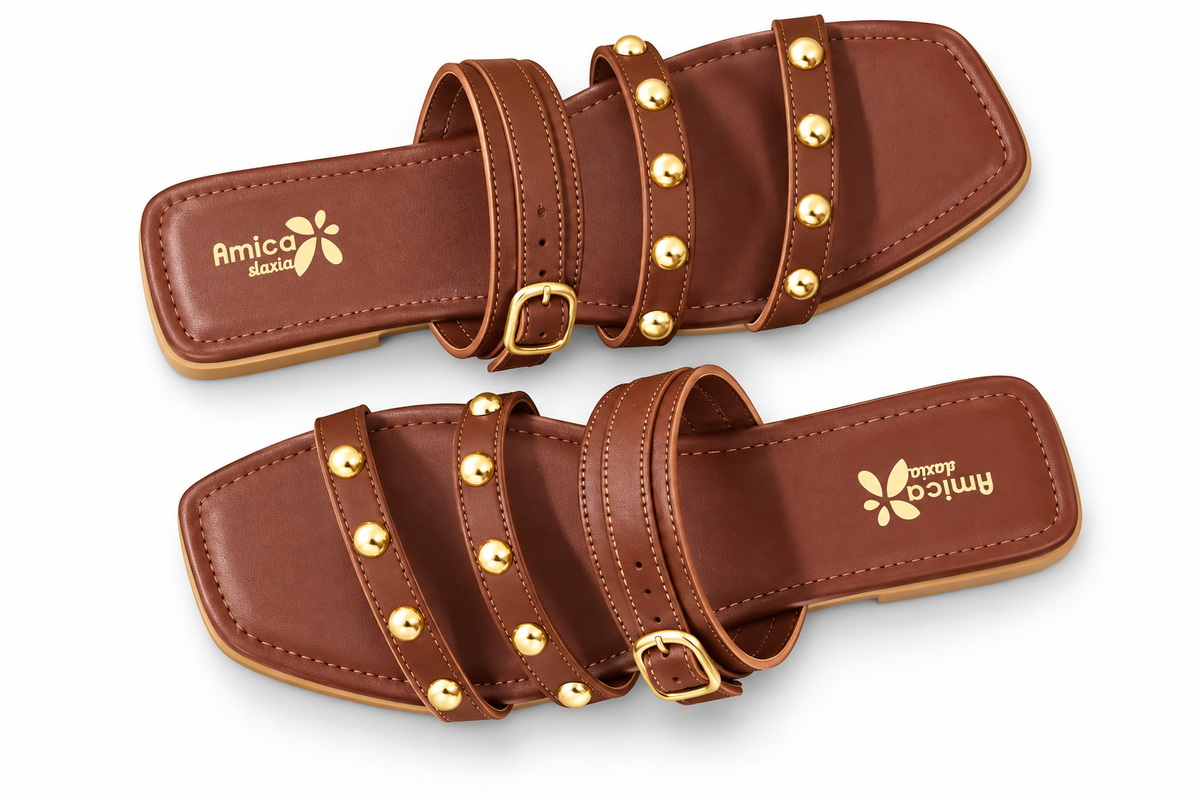 Women’s Brown Flat Sandals with Golden Studs & Buckle Strap