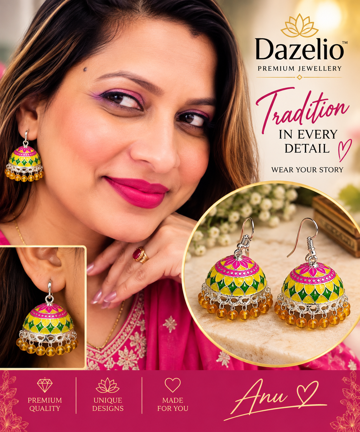 Multicolor Enamel Jhumka Earrings with Yellow Beaded Drops