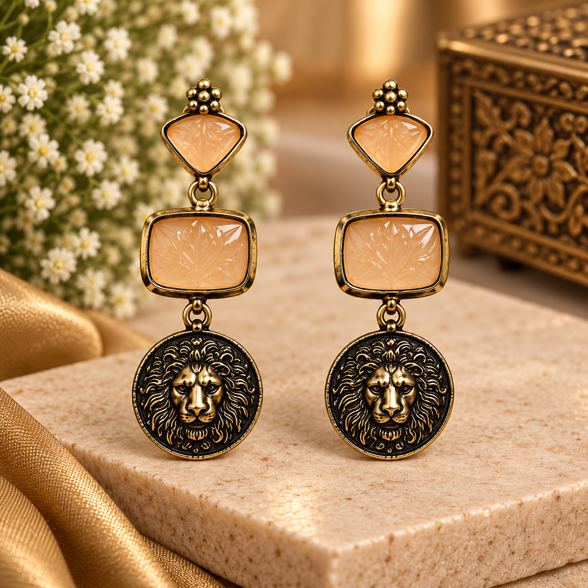 Peach & Black Lion Statement Drop Earrings for Women