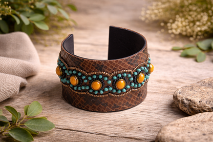 Turquoise & Amber Stone Embellished Textured Cuff Bangle for Women