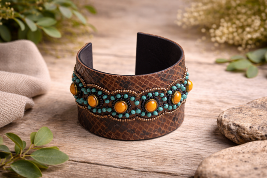 Turquoise & Amber Stone Embellished Textured Cuff Bangle for Women