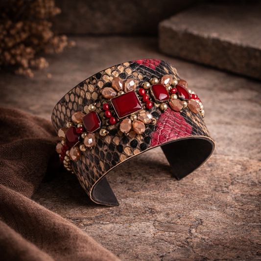 Red Stone Embellished Textured Statement Cuff Bangle for Women