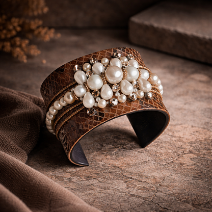 Amica Slexia Pearl Embellished Textured Cuff Bangle for Women