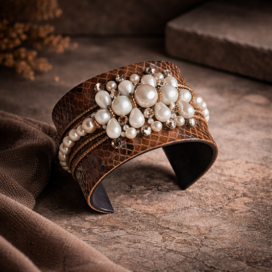 Amica Slexia Pearl Embellished Textured Cuff Bangle for Women