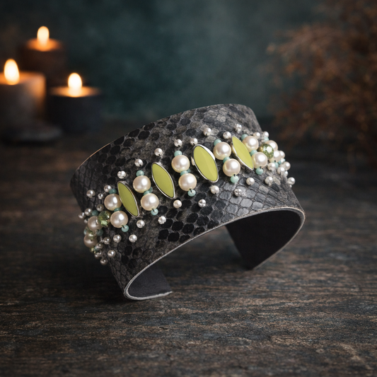 Amica Slexia Black Textured Cuff Bangle with Pearl & Green Stone Embellishments