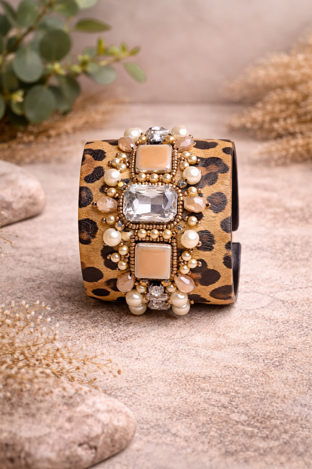 Amica Slexia Leopard Print Embellished Cuff Bangle for Women