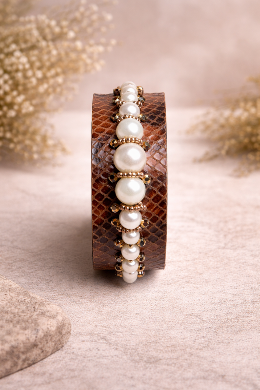 Amica Slexia Pearl Beaded Textured Cuff Bangle for Women