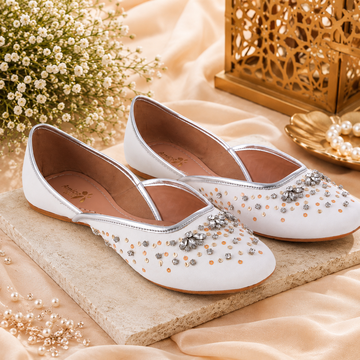 Amica Slexia Ivory Pearl & Stone Embellished Designer Jutti