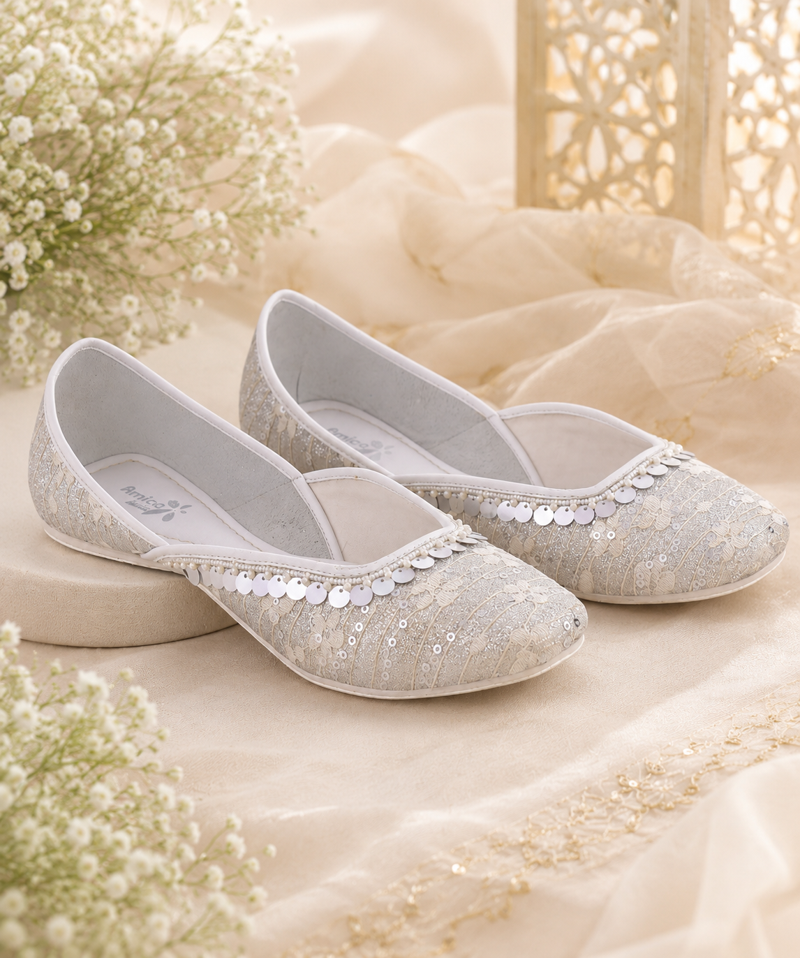 Amica Slexia Ivory Lace Sequin Embellished Jutti for Women