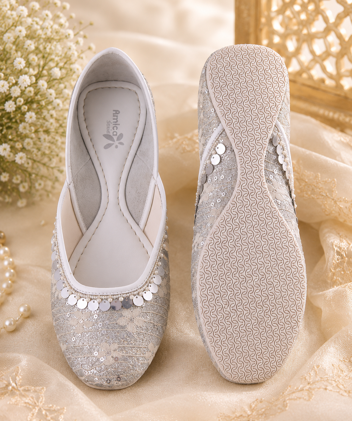 Amica Slexia Ivory Lace Sequin Embellished Jutti for Women