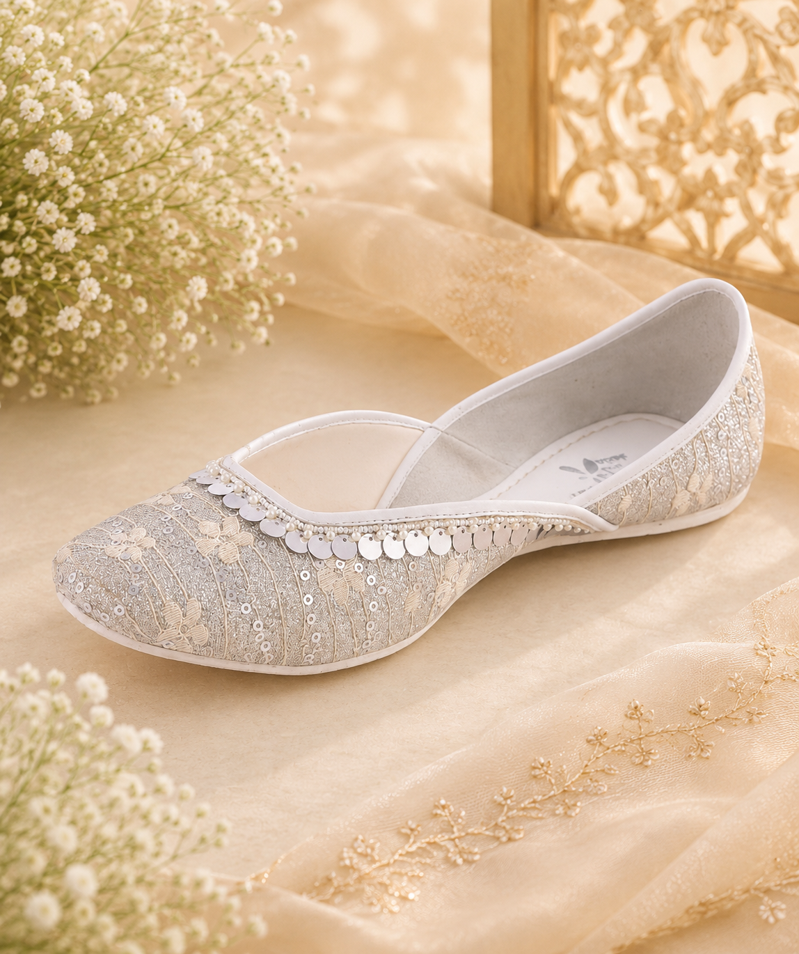 Amica Slexia Ivory Lace Sequin Embellished Jutti for Women